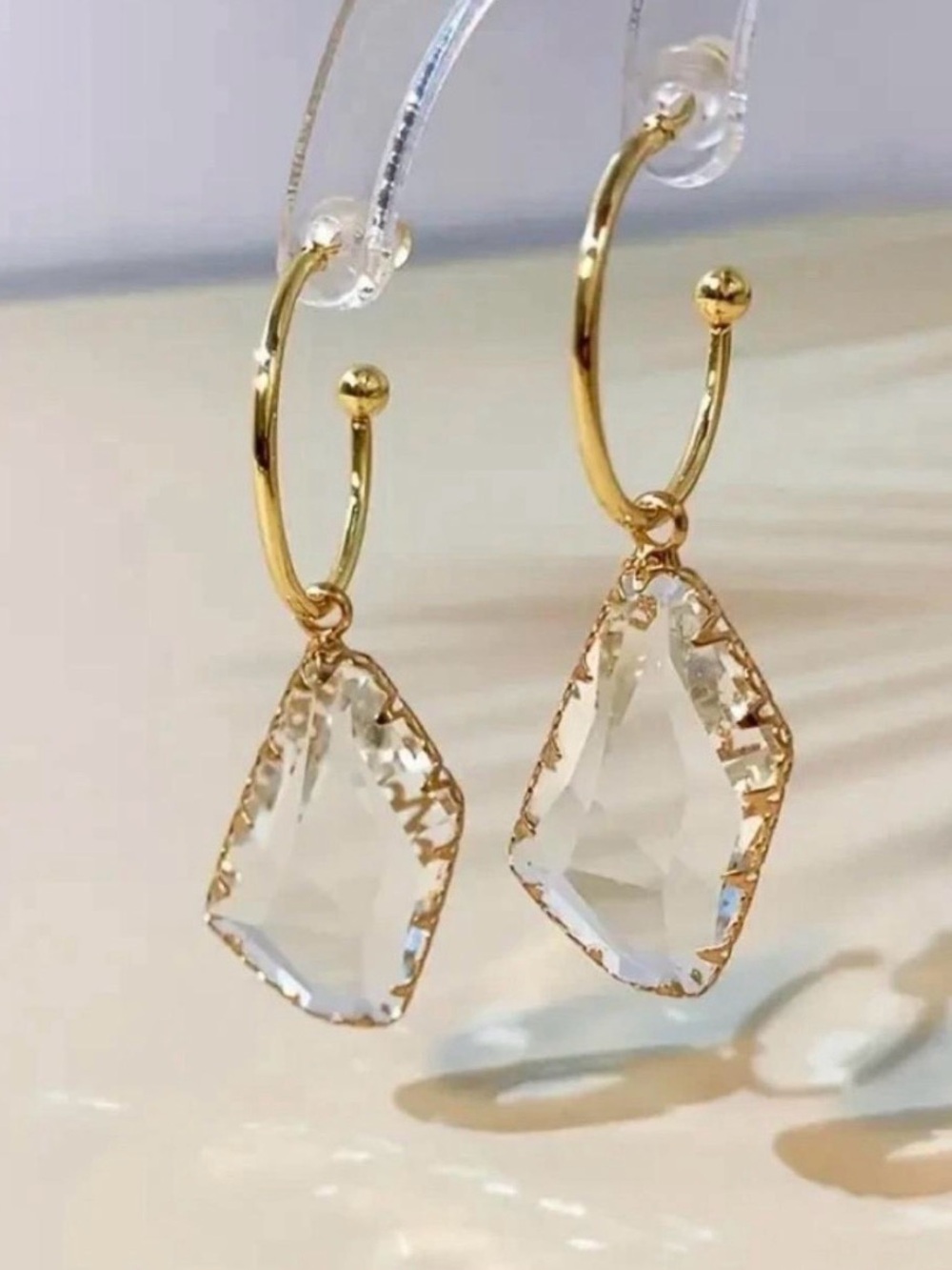 Delicate Gold Hoop Earrings with Clear Faceted Crystal Drop